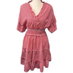 Max Studio Red & White cottagecore Picnic Gingham Tiered Mini Dress LG